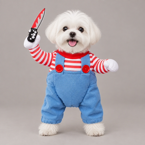 White dog wearing striped shirt and overalls doll costume with plush knife