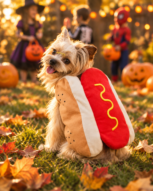 Dog in hot dog costume at a Halloween party