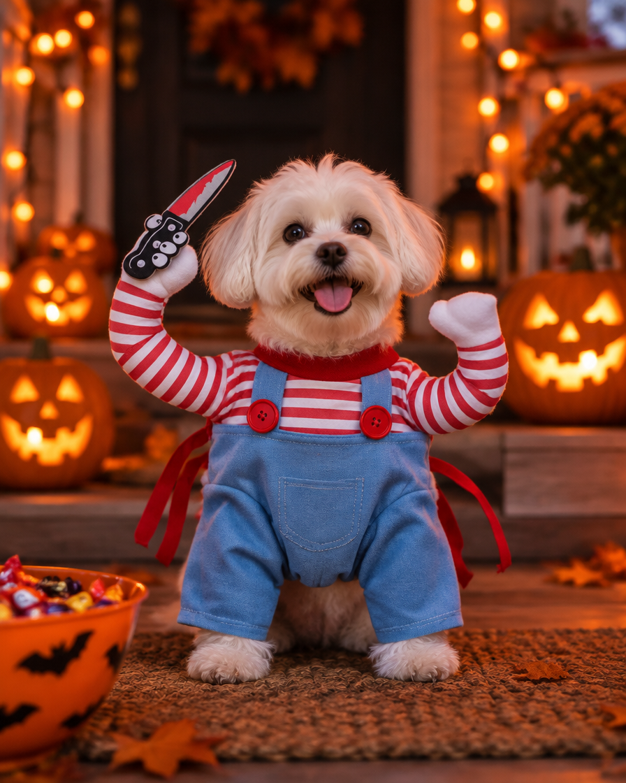 Dog in doll costume on a Halloween porch with pumpkins