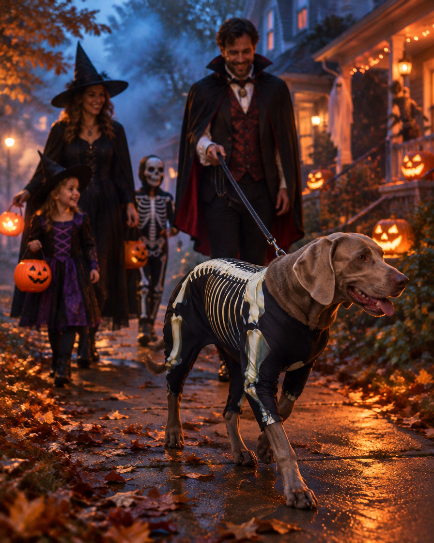 Dog in skeleton costume trick-or-treating with family