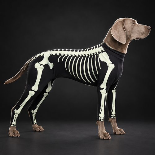 Large dog wearing black skeleton bodysuit costume