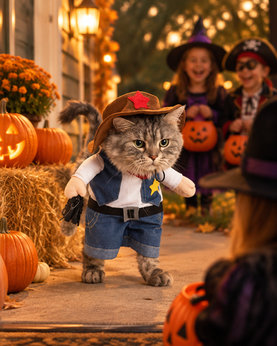 Cowboy costume pet greeting trick-or-treaters on Halloween