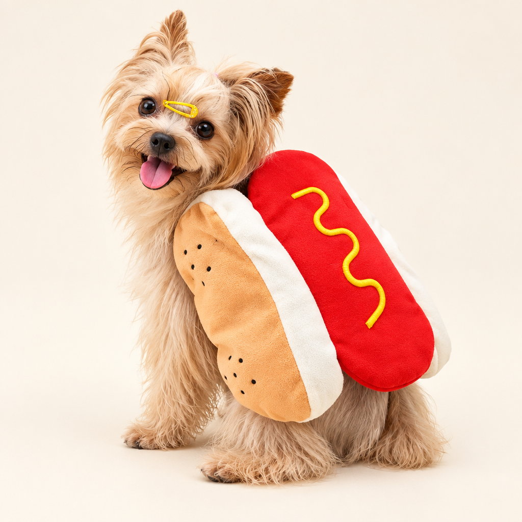 Small dog wearing hot dog bun costume with mustard
