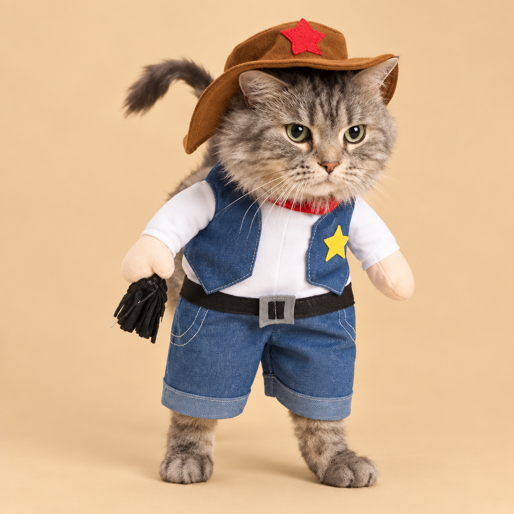 Pet wearing stand-up cowboy costume with hat and sheriff star