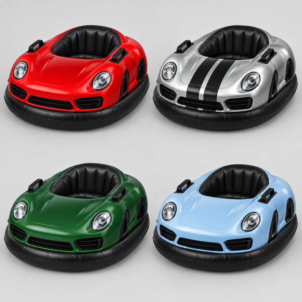Four supercar snow tubes in red, silver, green and blue