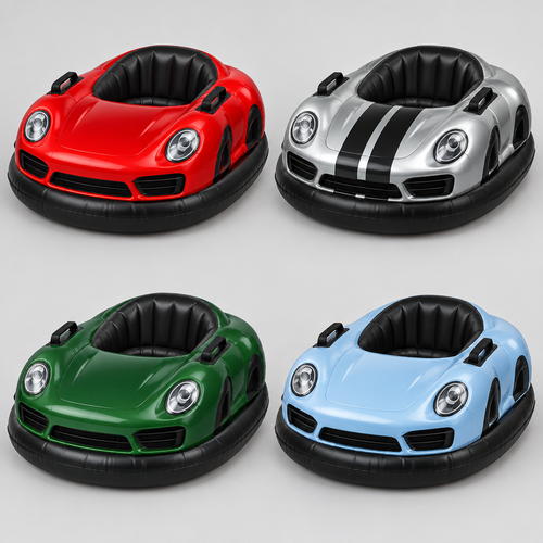 Four supercar snow tubes in red, silver, green and blue