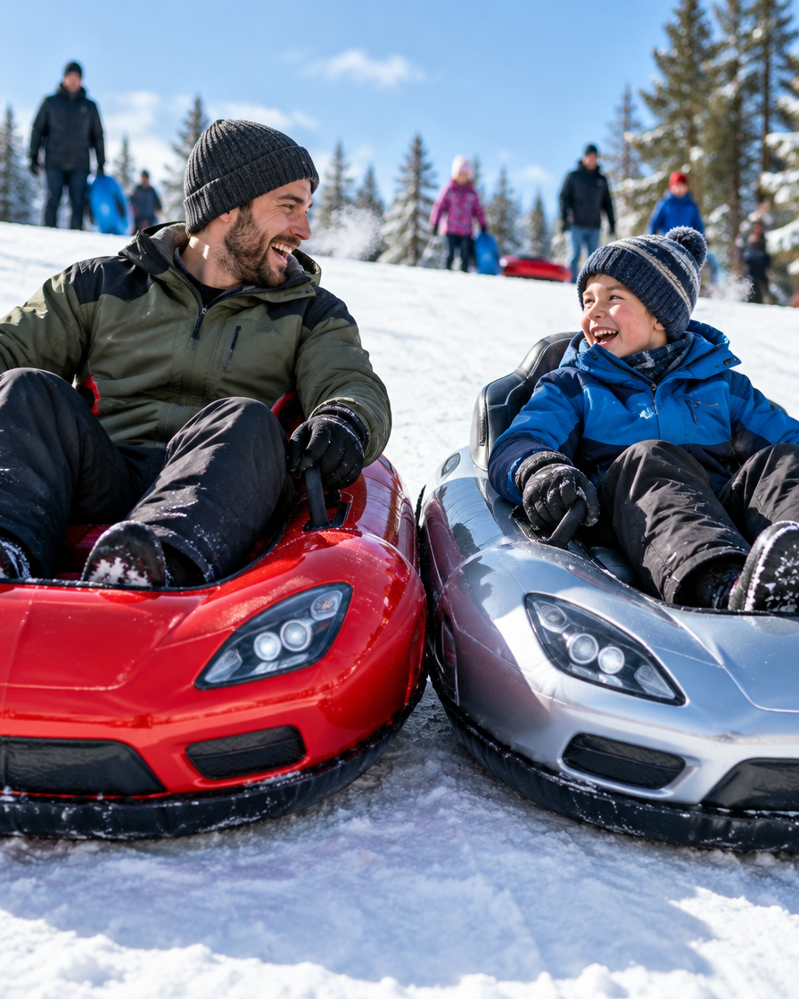 Dad and son sledding in red and silver supercar snow tubes